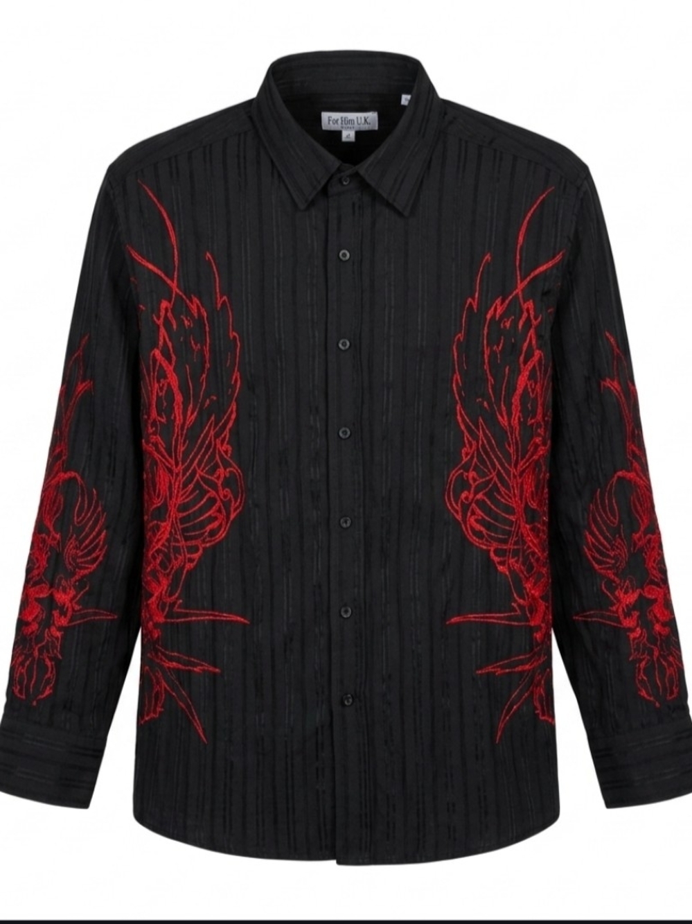 Y2K -For Him U.K. London - Long Sleep Black Button Down Shirt Red Embroidering